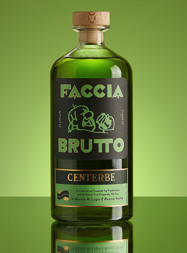 Front of Faccia Brutto Centerbe bottle with green background