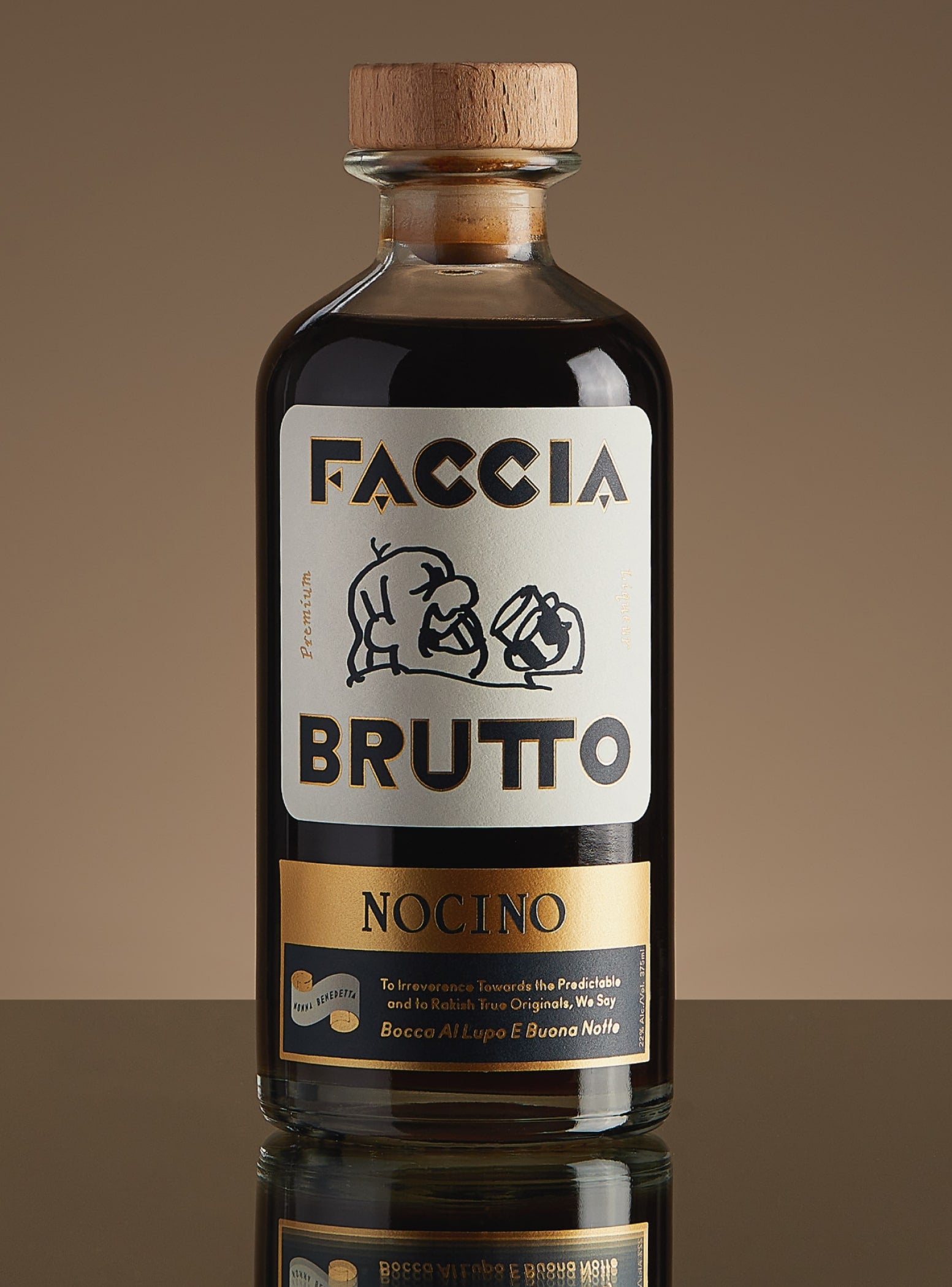 Creamy cocktail with fresh nutmeg and bottle of Faccia Brutto Nocino