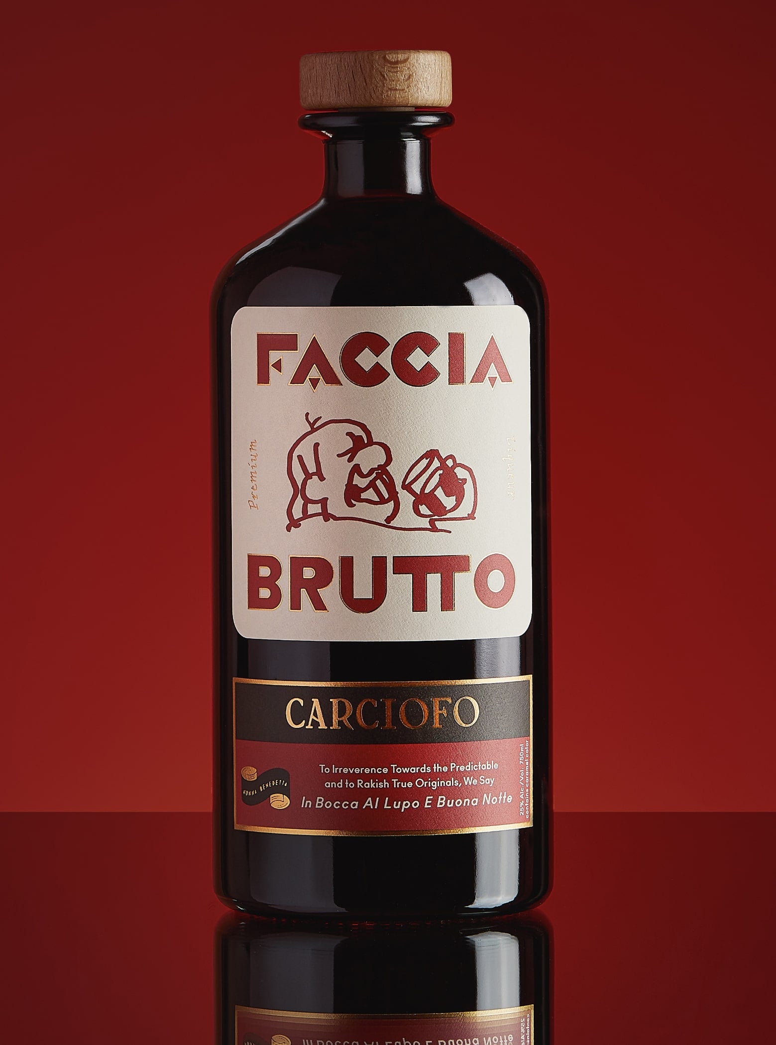Front of Faccia Brutto Carciofo bottle with dark red background