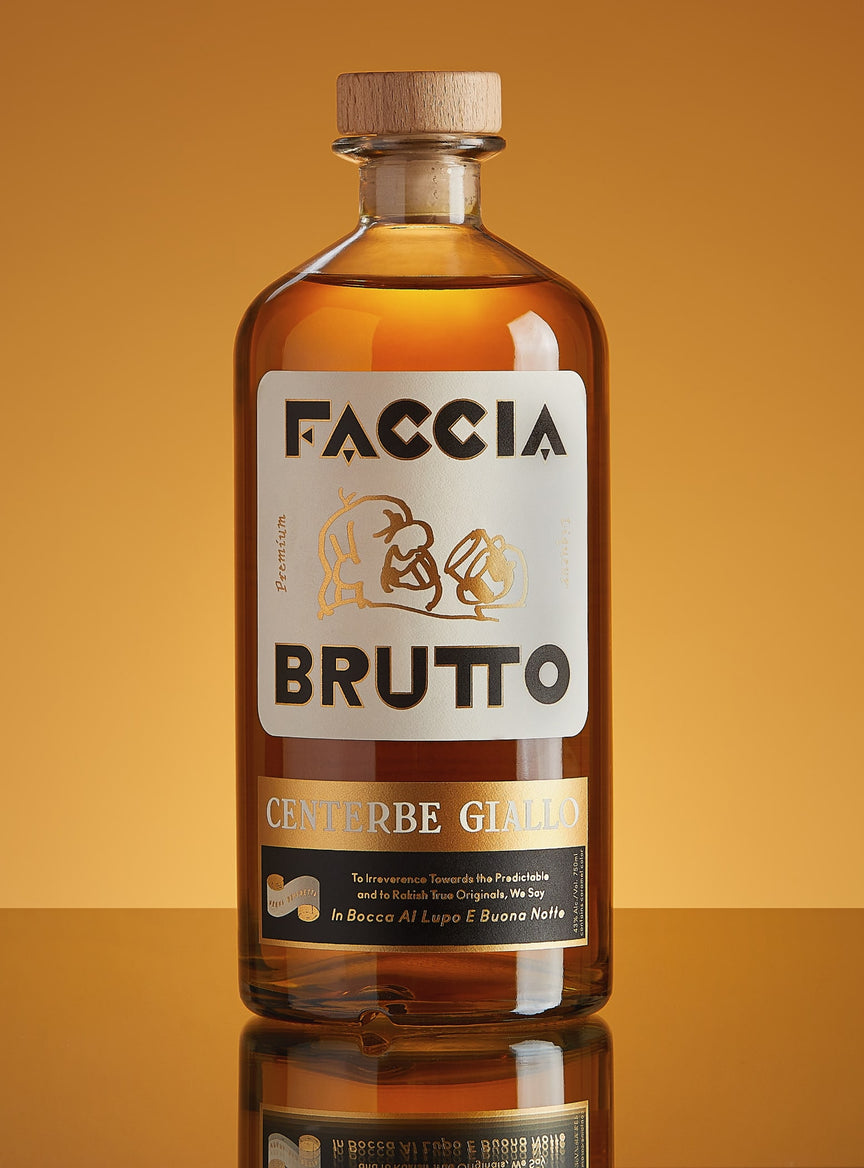 Front of Faccia Brutto Centerbe Giallo bottle with gold background